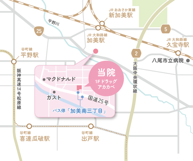 当院の周辺アクセスマップ。JR大和路線「加美駅」より南、国道25号線沿いの「加美南三丁目」バス停近くに位置しています。1階にはドラッグアカカベがあります。